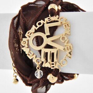 Brown Ribbon Valentine Heart Love Gold Accent Wrap Around Tie Bracelet NWT